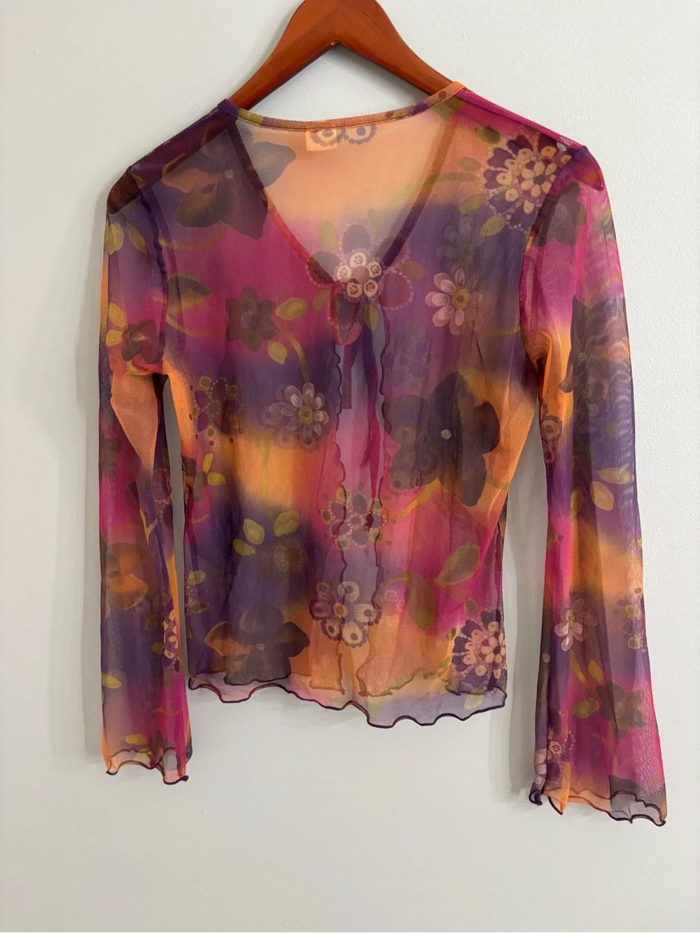 Y2K Sheer Mesh Watercolor Floral Tie Front Cardigan Top S